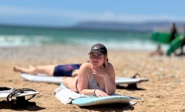 Chilling with a surfboard in Tamraght Morocco