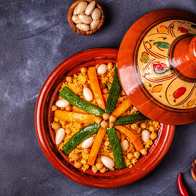 Slow-cooked lamb tagine with vegetables and dried fruit